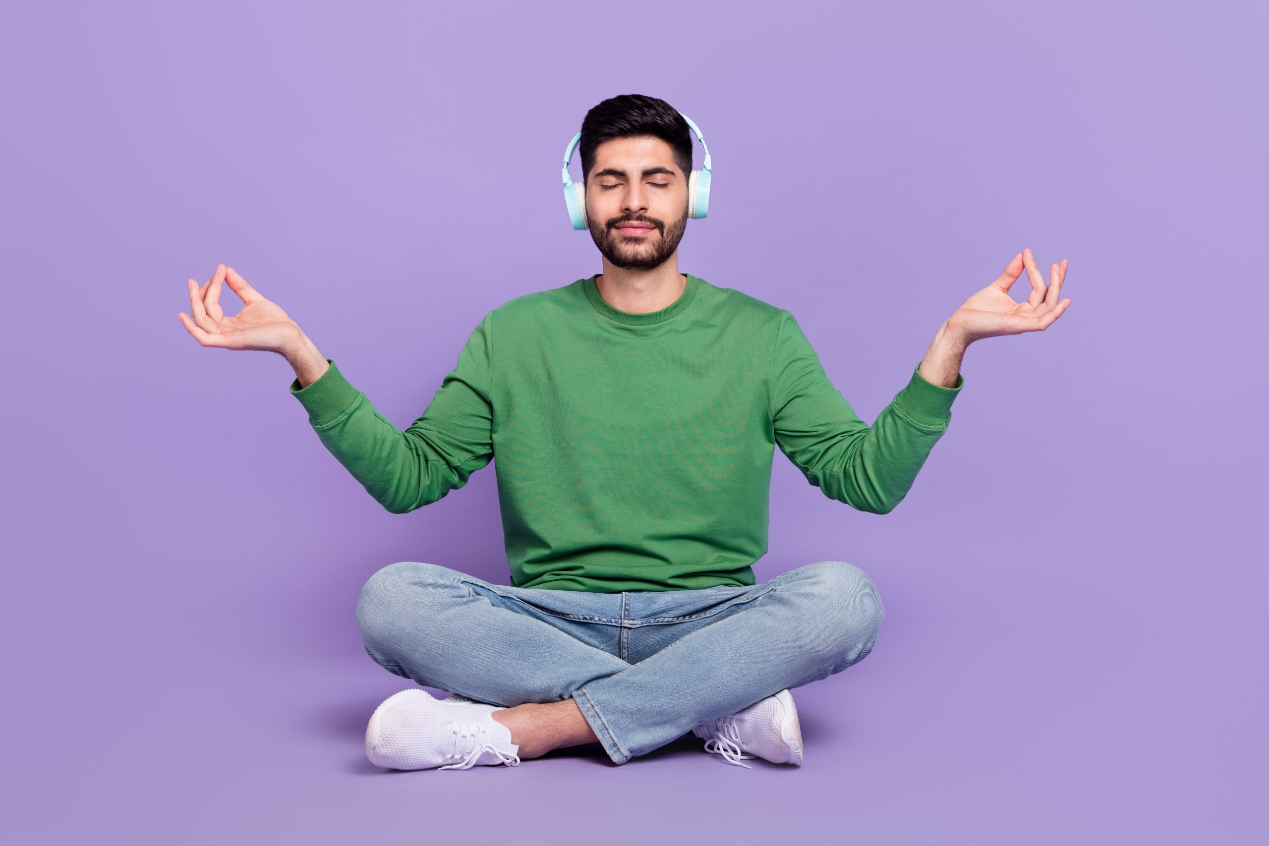 Full,Length,Photo,Of,Latin,Arab,Guy,Meditate,Listen,Classical