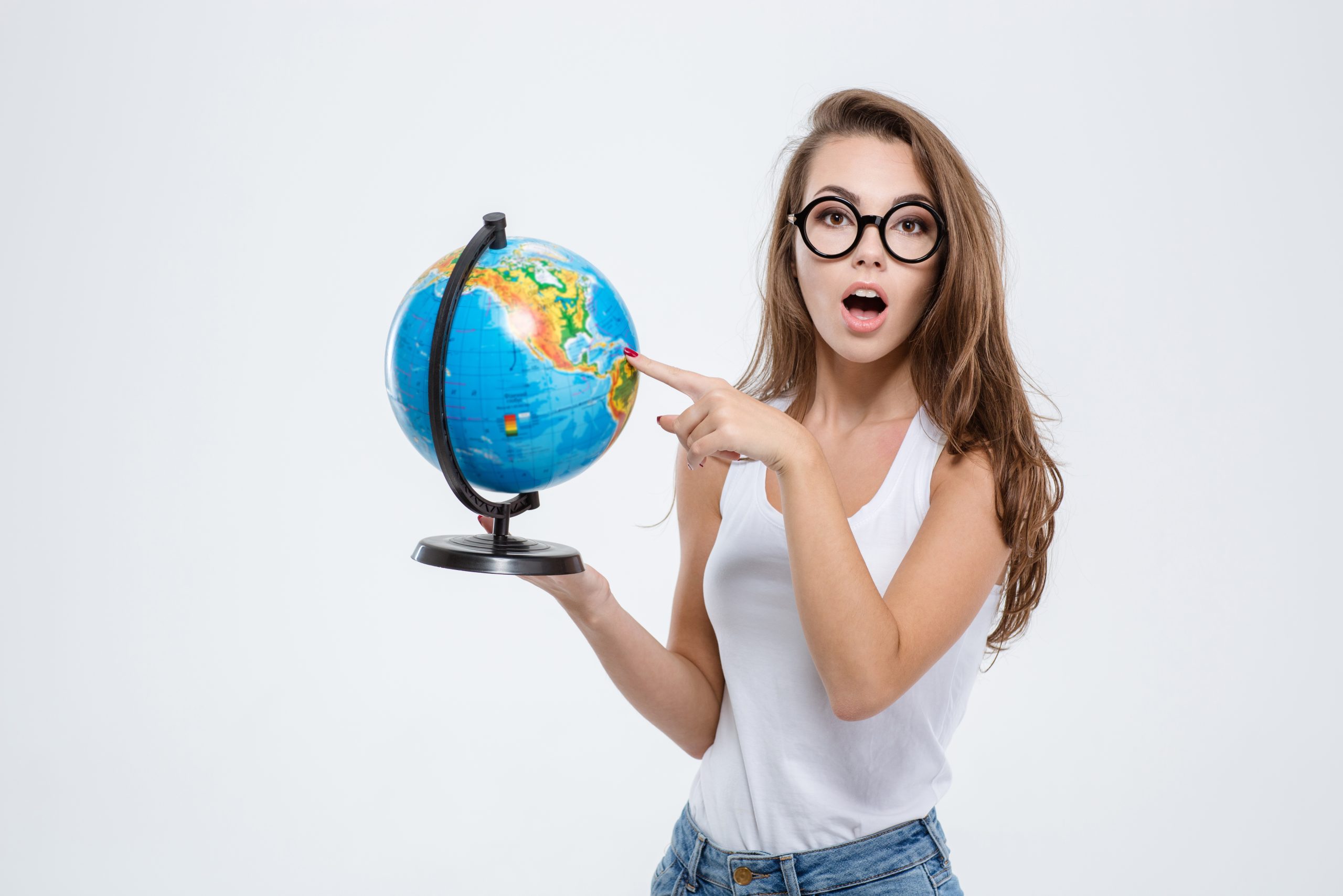 Portrait,Of,A,Beautiful,Young,Woman,Holding,Globe,Isolated,On
